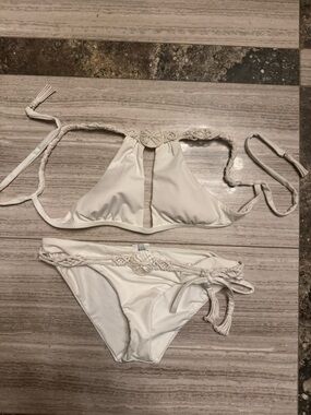 Braided Halter White Bikini Set with Decorative Medallions